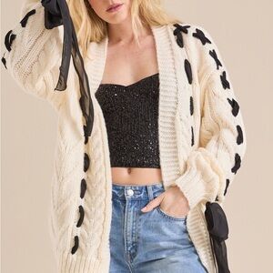 Women's Cream and Black Sweater with Ribbon Details